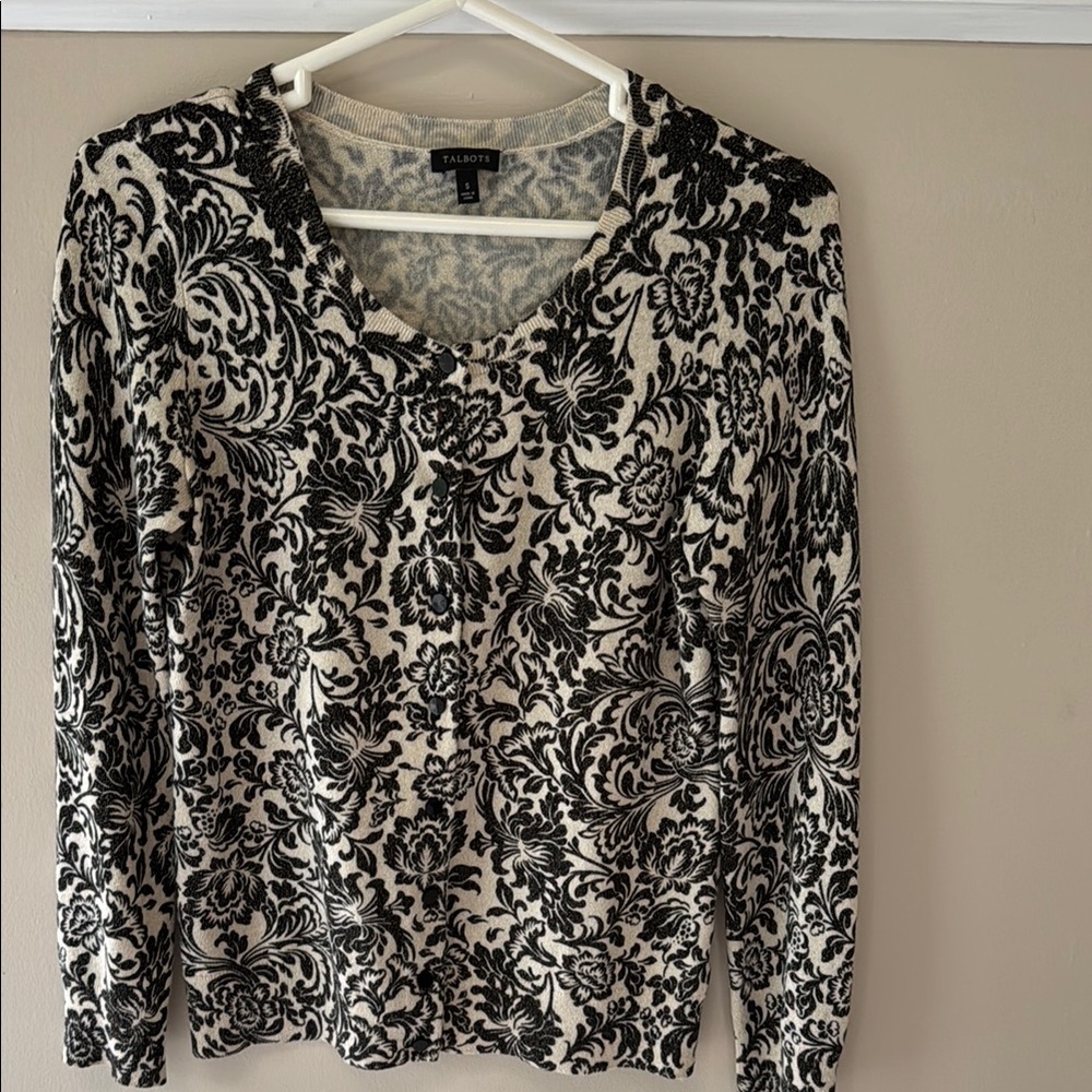 Talbots Floral Black and White Women's Cardigan Sweater - Picture 1 of 7